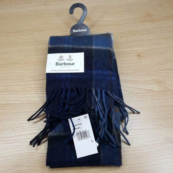 BARBOUR Mens Scarf Navy Blue Tartan Plaid Fringe Lambswool Cashmere Midnight - Picture 1 of 8